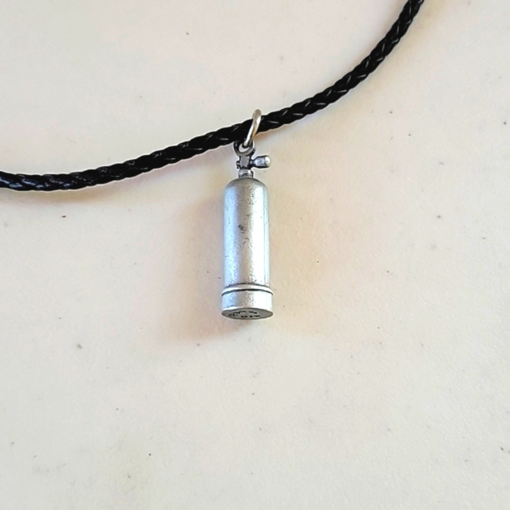 Big Blue Signed Fire Extinguisher Leather Corded Necklace View 3